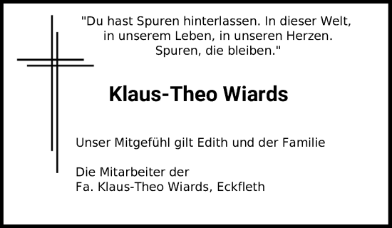 Traueranzeige von Klaus-Theo Wiards von Nordwest-Zeitung