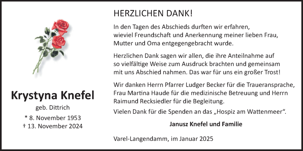  Traueranzeige für Krystyna Knefel vom 09.01.2025 aus Nordwest-Zeitung