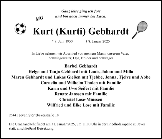 Traueranzeige von Kurt Gebhardt von WZ/JW/AH