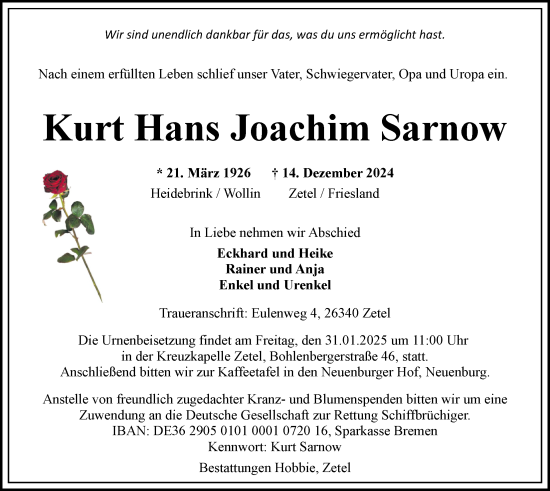 Traueranzeige von Kurt Sarnow von Nordwest-Zeitung