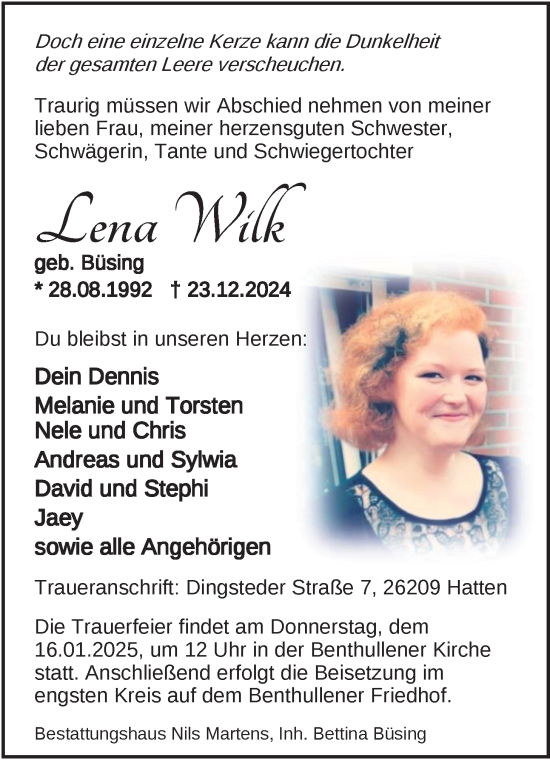 Traueranzeige von Lena Wilk von Nordwest-Zeitung