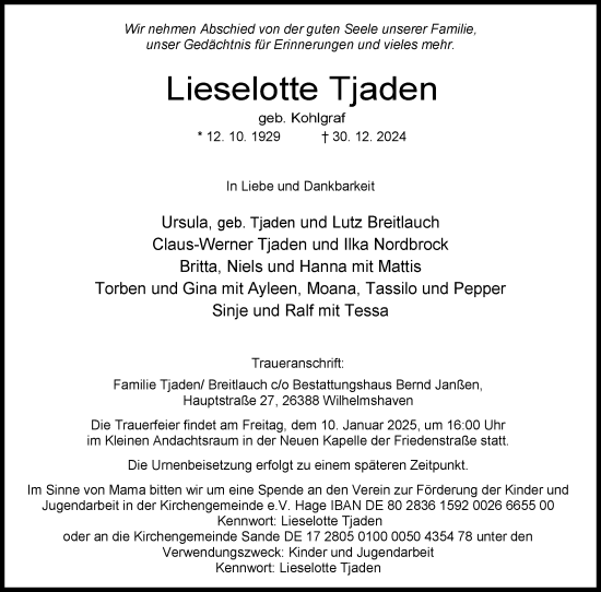 Traueranzeige von Lieselotte Tjaden von WZ/JW/AH