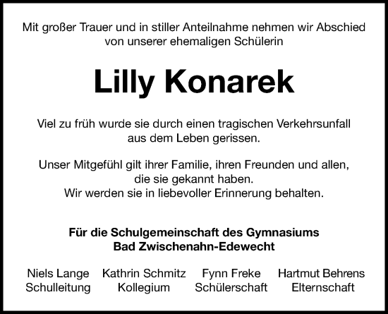 Traueranzeige von Lilly Konarek von Nordwest-Zeitung