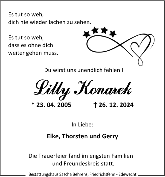 Traueranzeige von Lilly Konarek von Nordwest-Zeitung