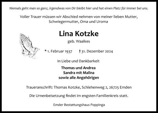 Traueranzeige von Lina Kotzke von Emder Zeitung