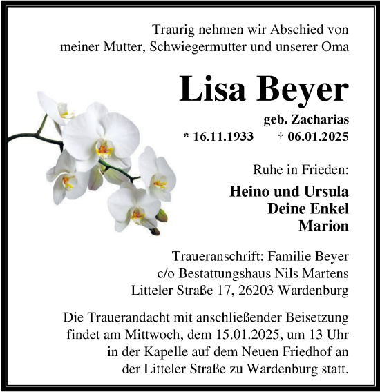 Traueranzeige von Lisa Beyer von Nordwest-Zeitung