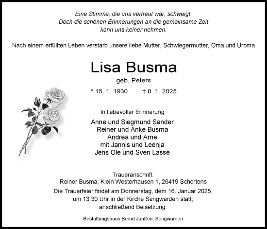 Traueranzeige von Lisa Busma von WZ/JW/AH