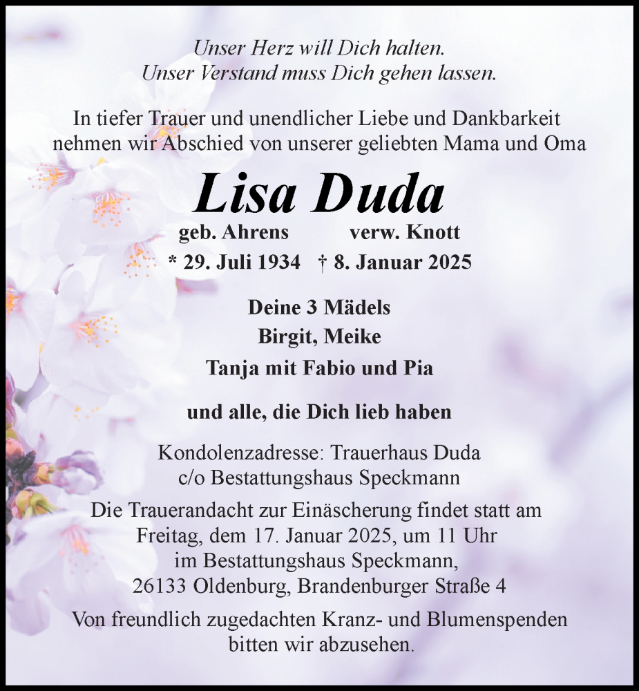  Traueranzeige für Lisa Duda vom 11.01.2025 aus Nordwest-Zeitung