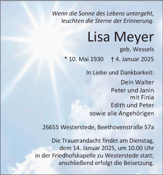 Traueranzeige von Lisa Meyer von Nordwest-Zeitung