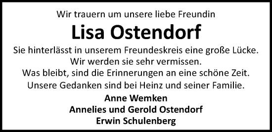 Traueranzeige von Lisa Ostendorf von Nordwest-Zeitung