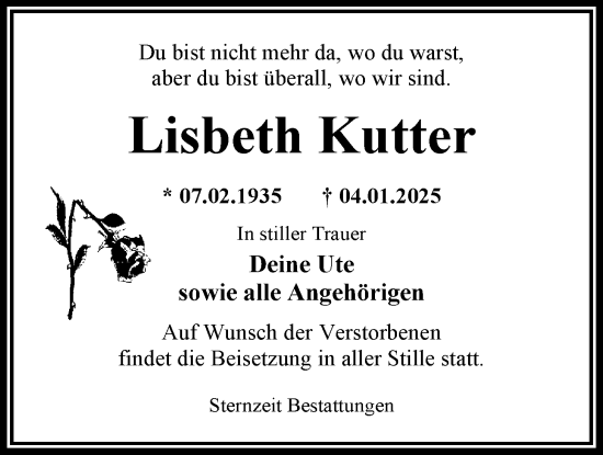 Traueranzeige von Lisbeth Kutter von WZ/JW/AH