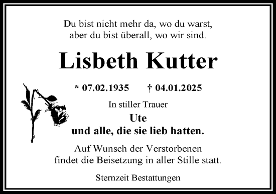 Traueranzeige von Lisbeth Kutter von WZ/JW/AH