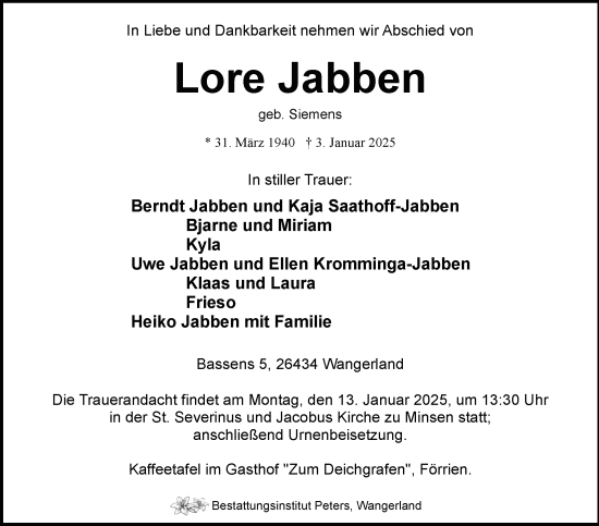 Traueranzeige von Lore Jabben von WZ/JW/AH