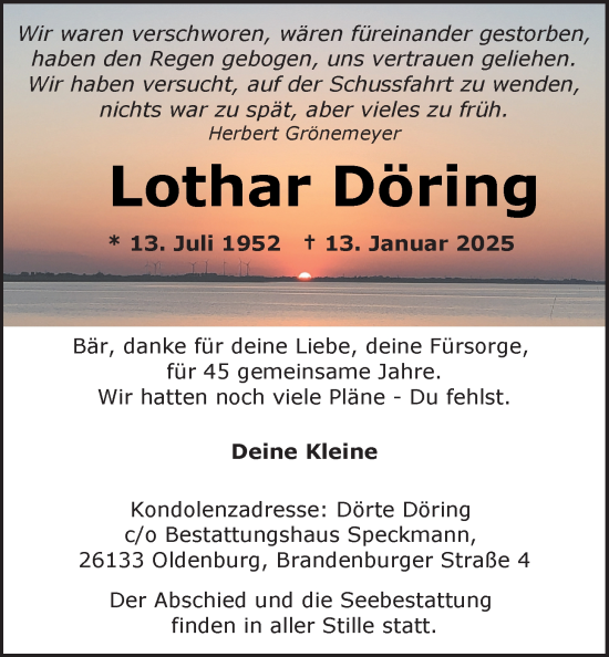 Traueranzeige von Lothar Döring von Nordwest-Zeitung