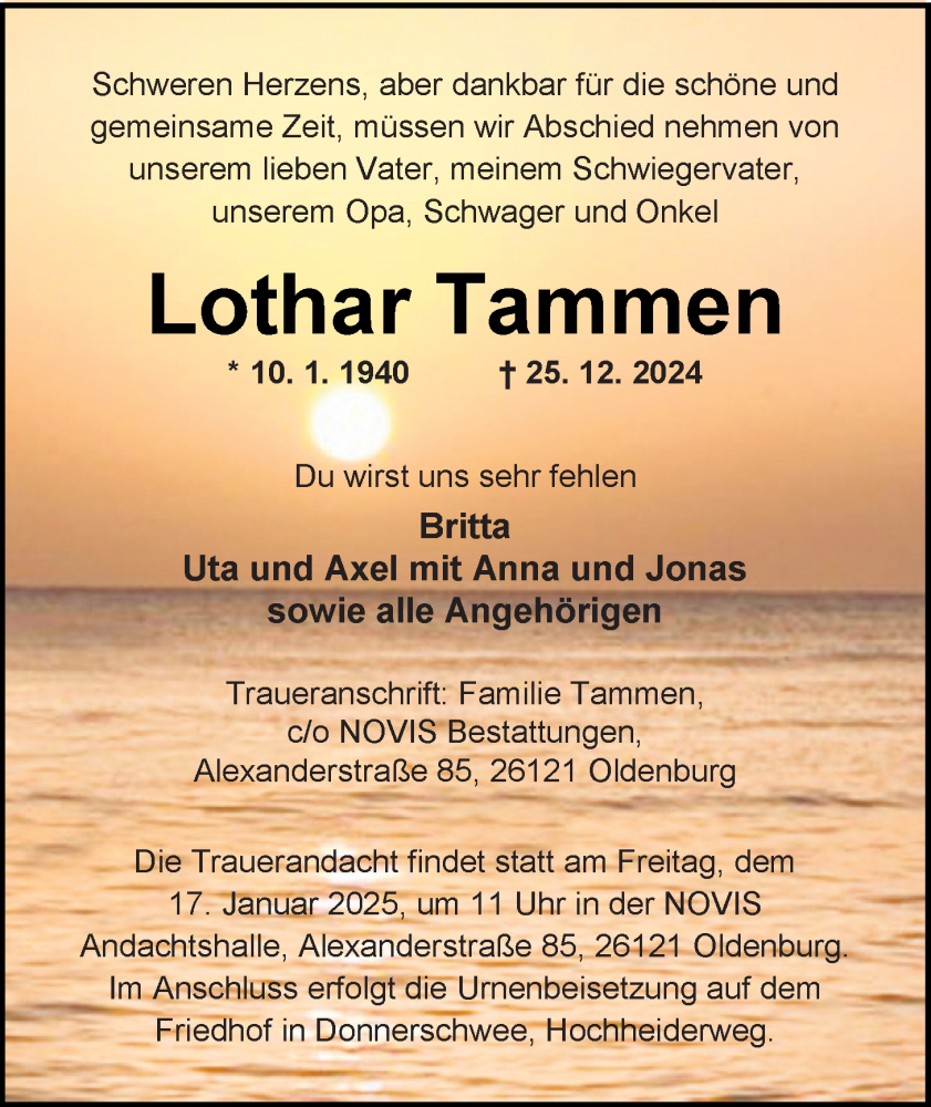  Traueranzeige für Lothar Tammen vom 04.01.2025 aus Nordwest-Zeitung