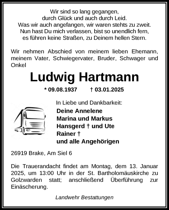 Traueranzeige von Ludwig Hartmann von Nordwest-Zeitung