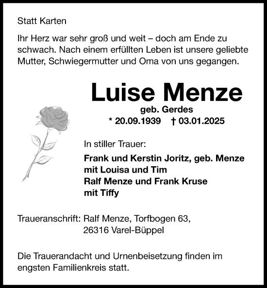 Traueranzeige von Luise Menze von Nordwest-Zeitung