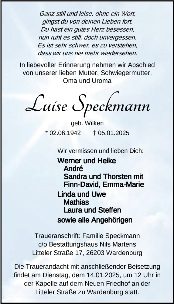  Traueranzeige für Luise Speckmann vom 11.01.2025 aus Nordwest-Zeitung