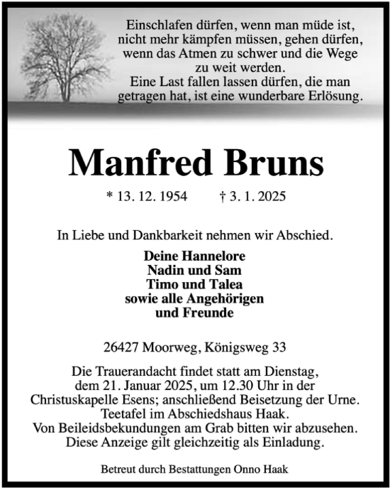 Traueranzeige von Manfred Bruns von WZ/JW/AH