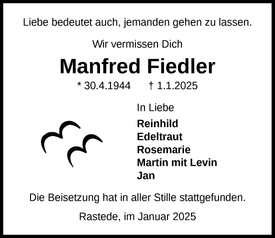 Traueranzeige von Manfred Fiedler von Nordwest-Zeitung