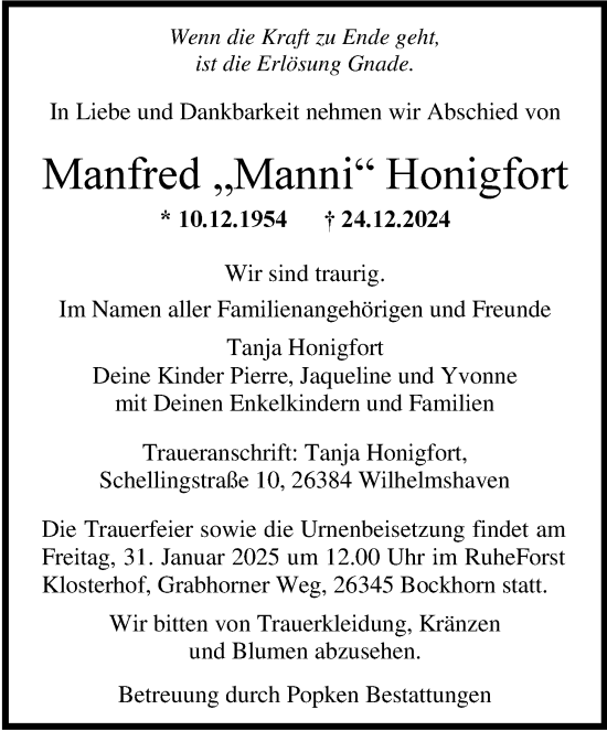 Traueranzeige von Manfred Honigfort von WZ/JW/AH