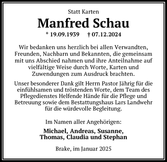 Traueranzeige von Manfred Schau von Nordwest-Zeitung