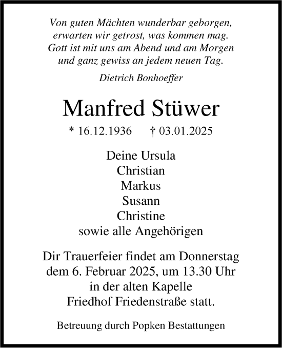 Traueranzeige von Manfred Stüwer von WZ/JW/AH