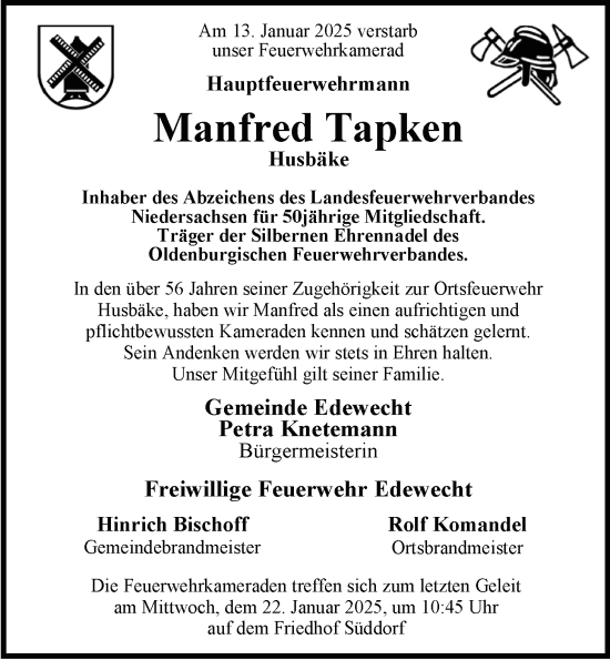 Traueranzeige von Manfred Tapken von Nordwest-Zeitung