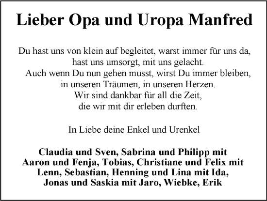 Traueranzeige von Manfred Tapken von Nordwest-Zeitung