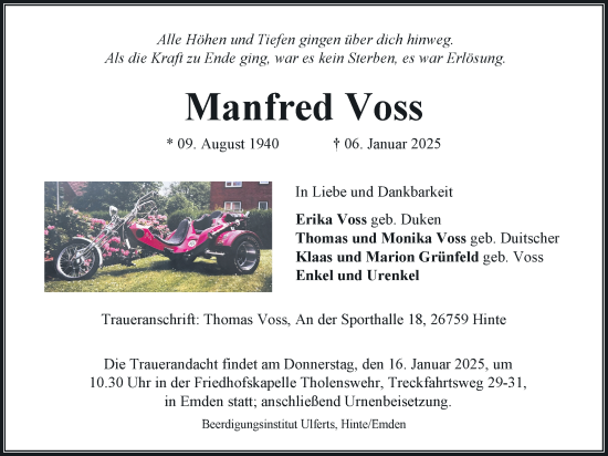 Traueranzeige von Manfred Voss von Emder Zeitung