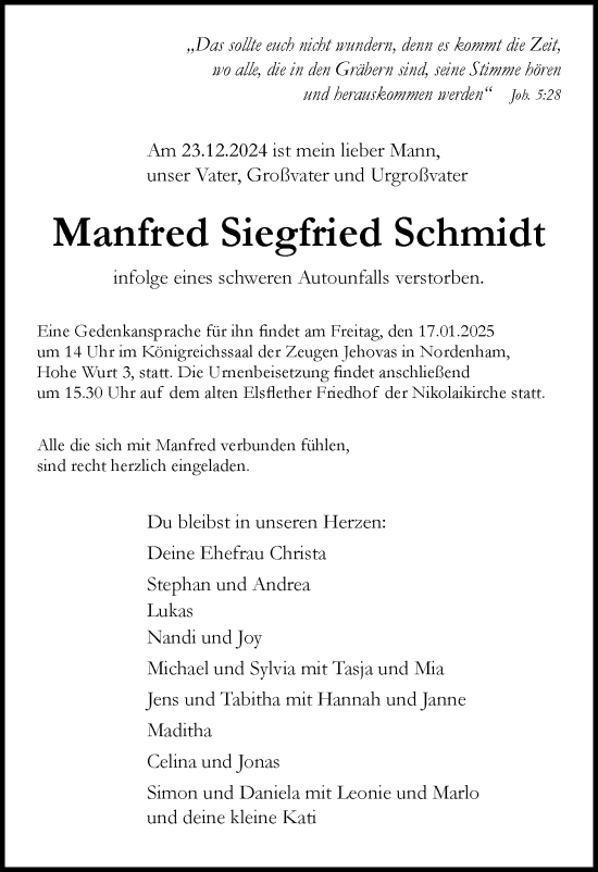 Traueranzeige von Manfred Siegfried Schmidt von Nordwest-Zeitung