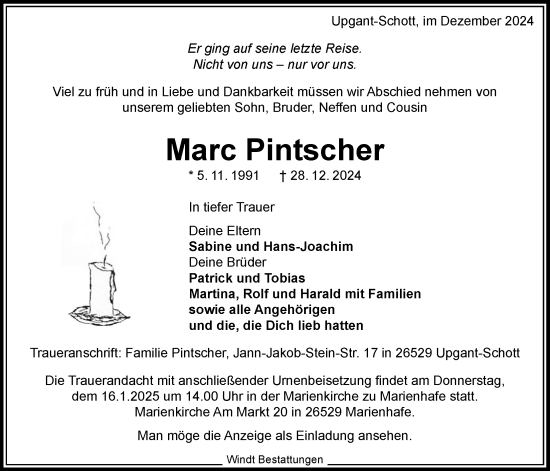 Traueranzeige von Marc Pintscher von Emder Zeitung