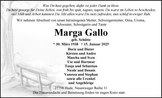 Traueranzeige von Marga Gallo von Nordwest-Zeitung