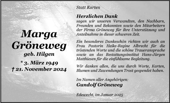 Traueranzeige von Marga Gröneweg von Nordwest-Zeitung
