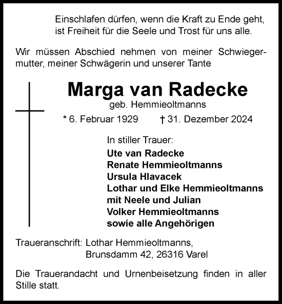 Traueranzeige von Marga van Radecke von Nordwest-Zeitung