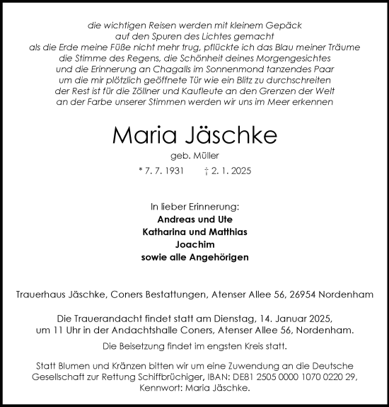 Traueranzeige von Maria Jäschke von Nordwest-Zeitung