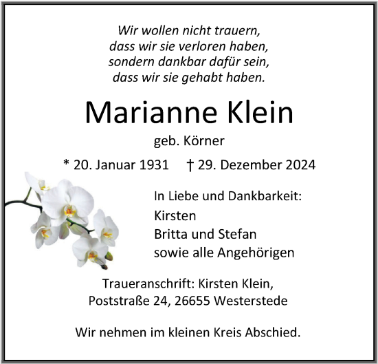 Traueranzeige von Marianne Klein von Nordwest-Zeitung