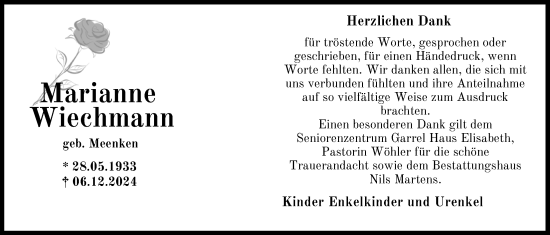 Traueranzeige von Marianne Wiechmann von Nordwest-Zeitung