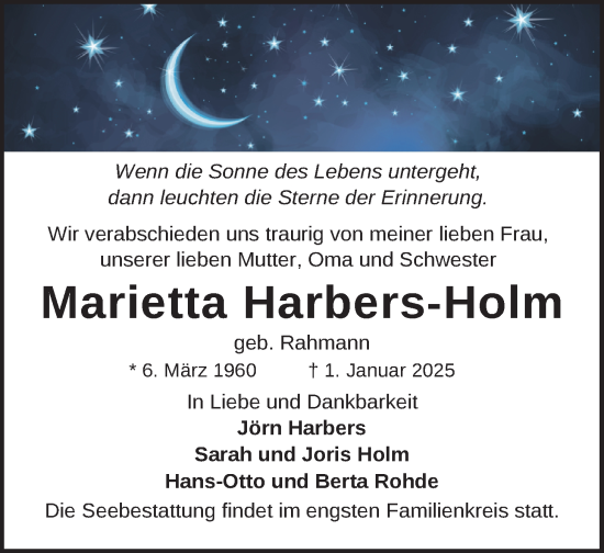 Traueranzeige von Marietta Harbers-Holm von Nordwest-Zeitung