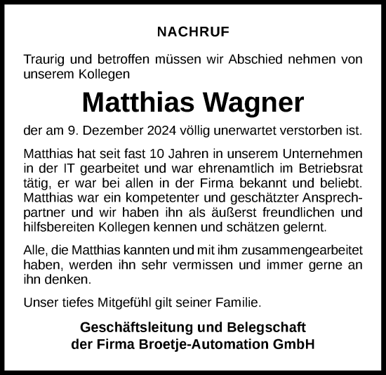 Traueranzeige von Matthias Wagner von Nordwest-Zeitung