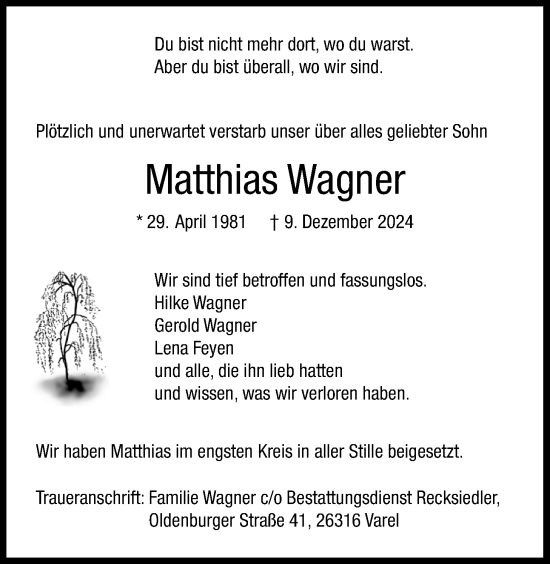 Traueranzeige von Matthias Wagner von Nordwest-Zeitung