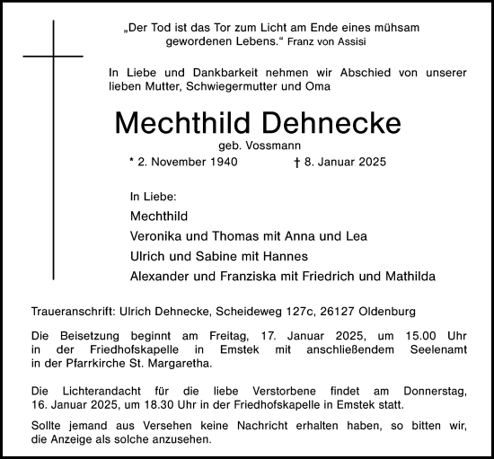 Traueranzeige von Mechthild Dehnecke von Nordwest-Zeitung