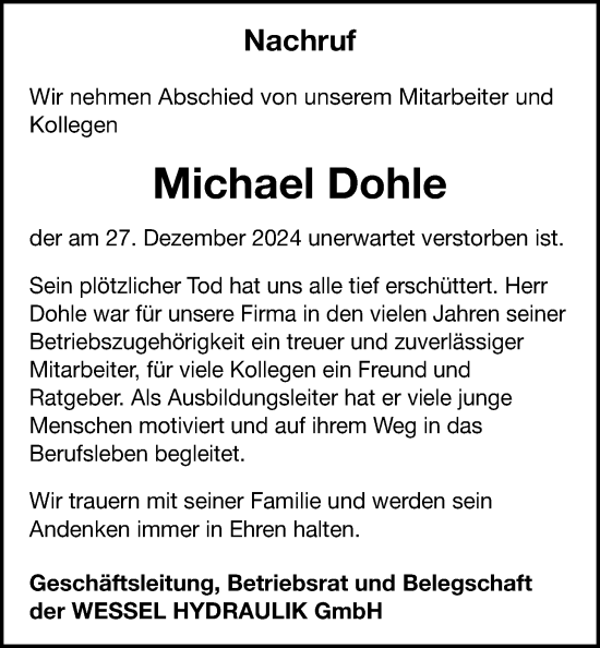 Traueranzeige von Michael Dohle von WZ/JW/AH