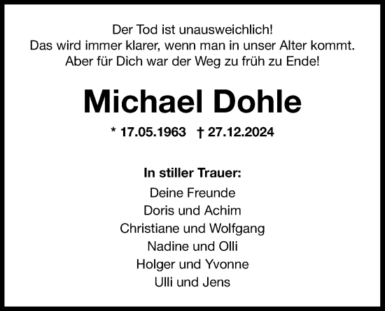 Traueranzeige von Michael Dohle von WZ/JW/AH