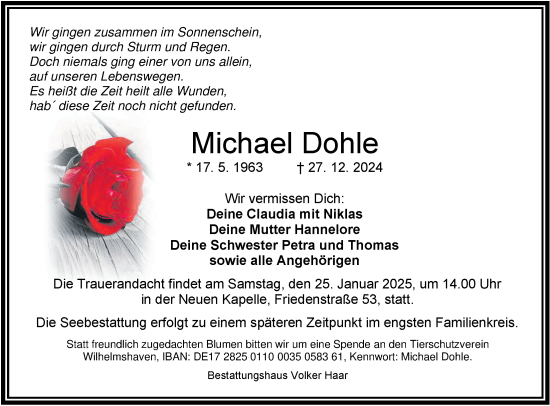 Traueranzeige von Michael Dohle von WZ/JW/AH