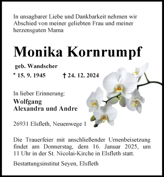 Traueranzeige von Monika Kornrumpf von Nordwest-Zeitung