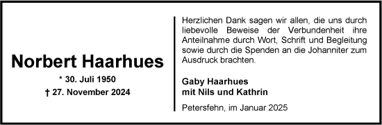 Traueranzeige von Norbert Haarhues von Nordwest-Zeitung