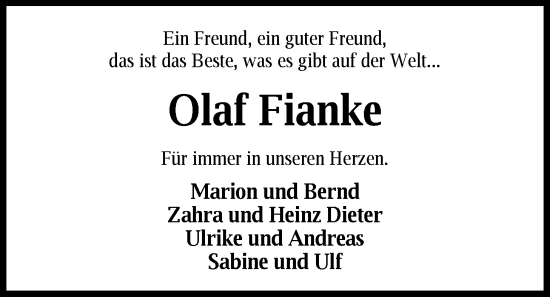 Traueranzeige von Olaf Fianke von Nordwest-Zeitung