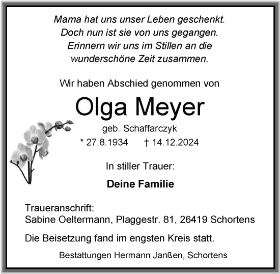 Traueranzeige von Olga Meyer von WZ/JW/AH