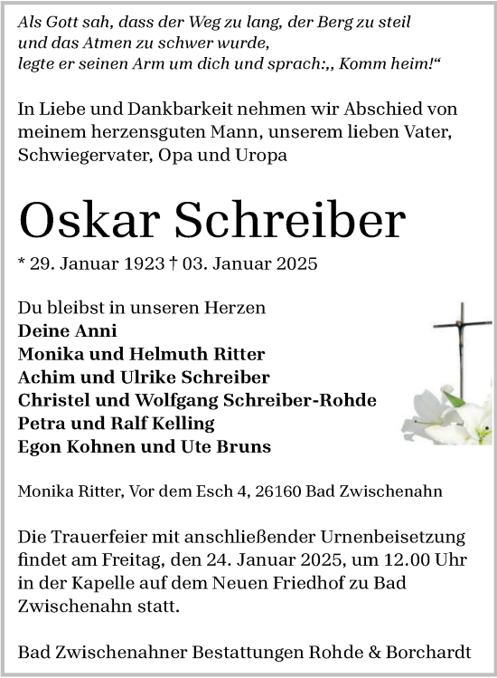 Traueranzeige von Oskar Schreiber von Nordwest-Zeitung